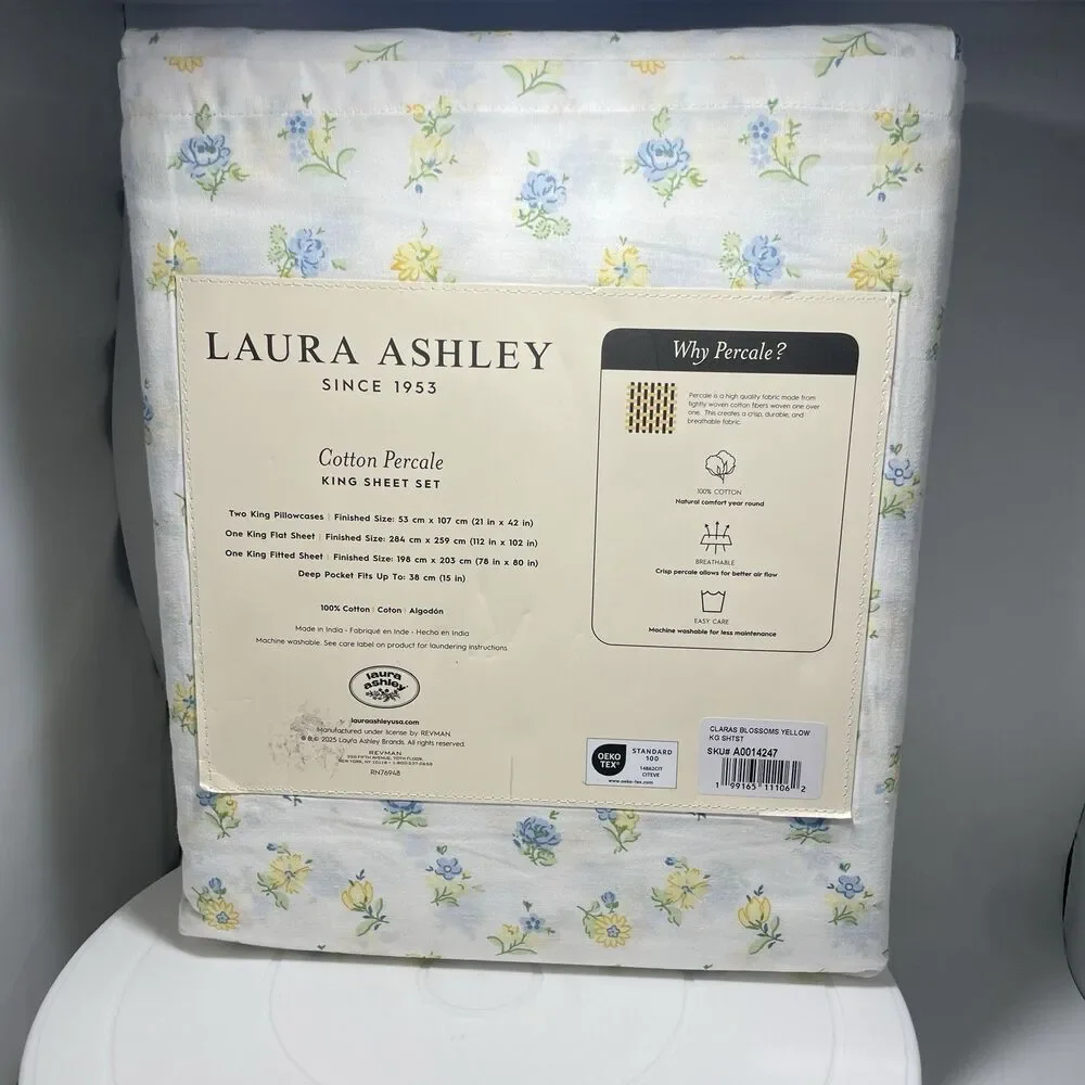 Laura Ashley King Sheet Set Cotton Percale Claras Blossoms Yellow New With Tag